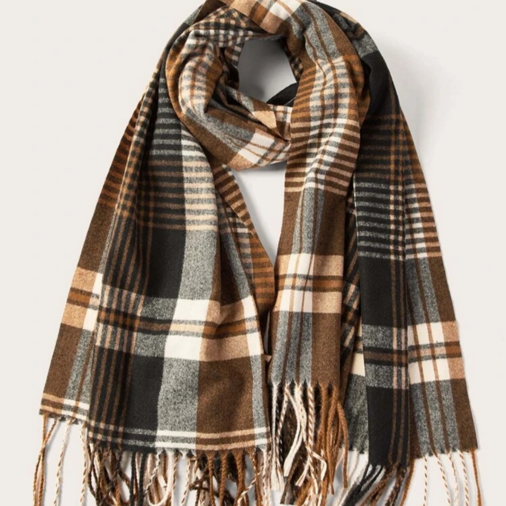 Plaid Fringe Hem Large Scarf